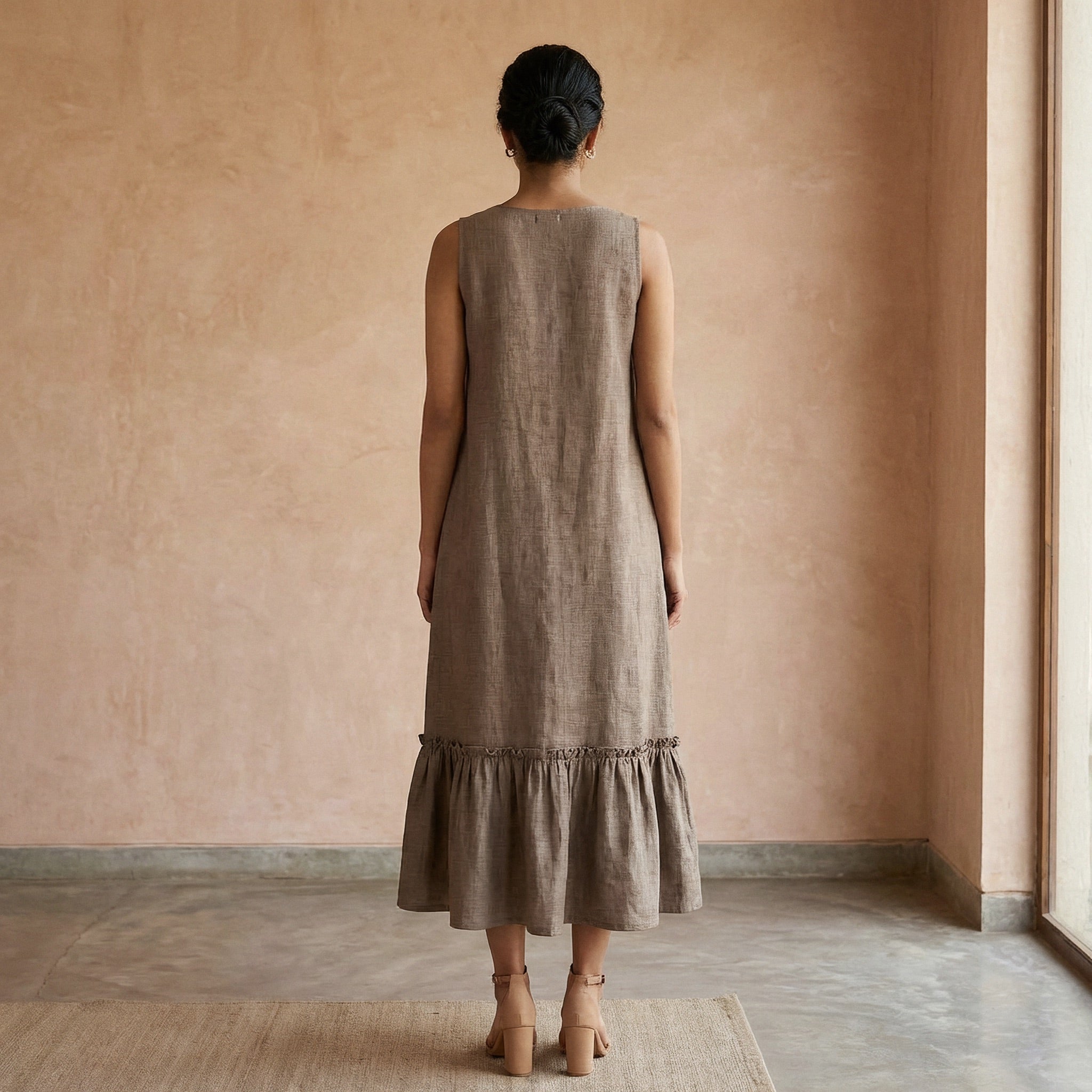 Beige Cotton Flax A-Line V-Neck Sleeveless Maxi Tier Dress