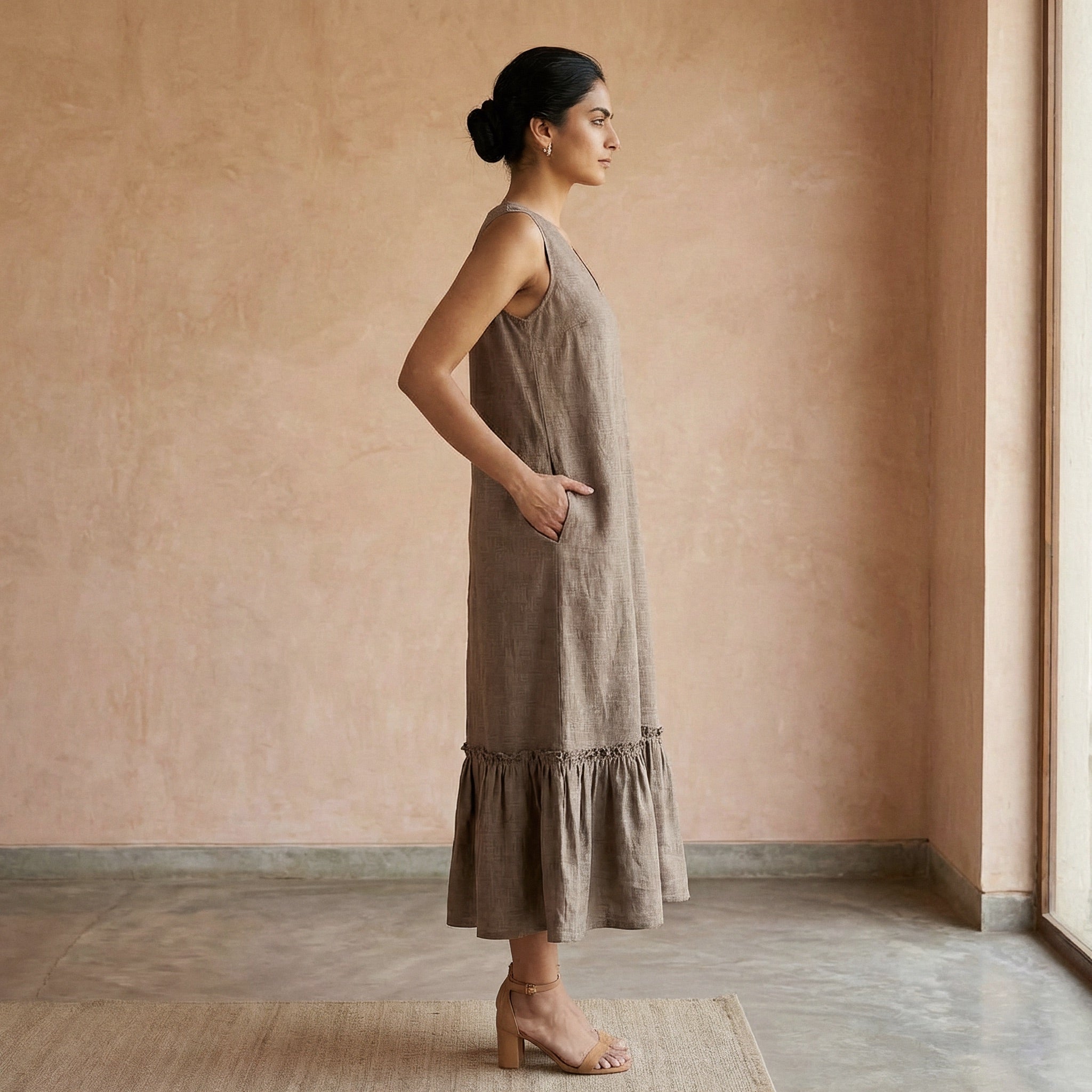 Beige Cotton Flax A-Line V-Neck Sleeveless Maxi Tier Dress