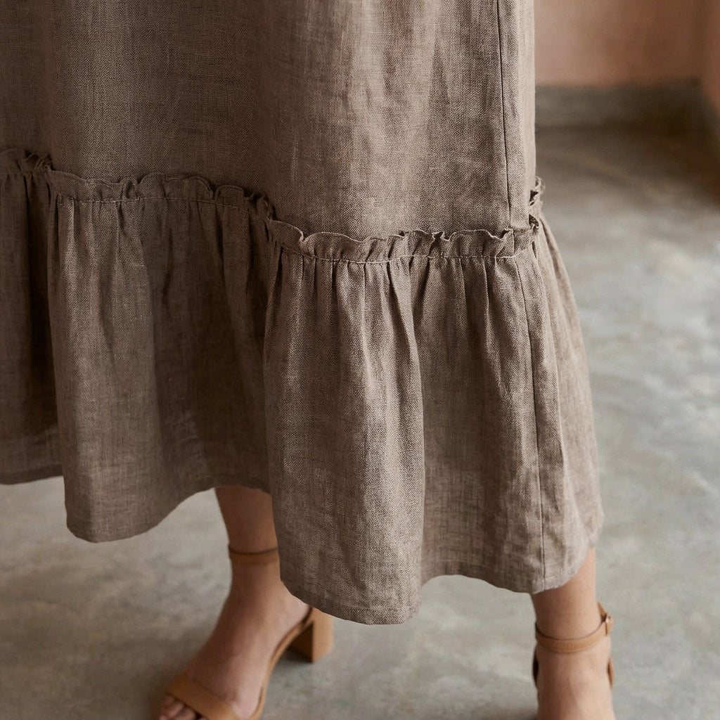 Beige Cotton Flax A-Line V-Neck Sleeveless Maxi Tier Dress
