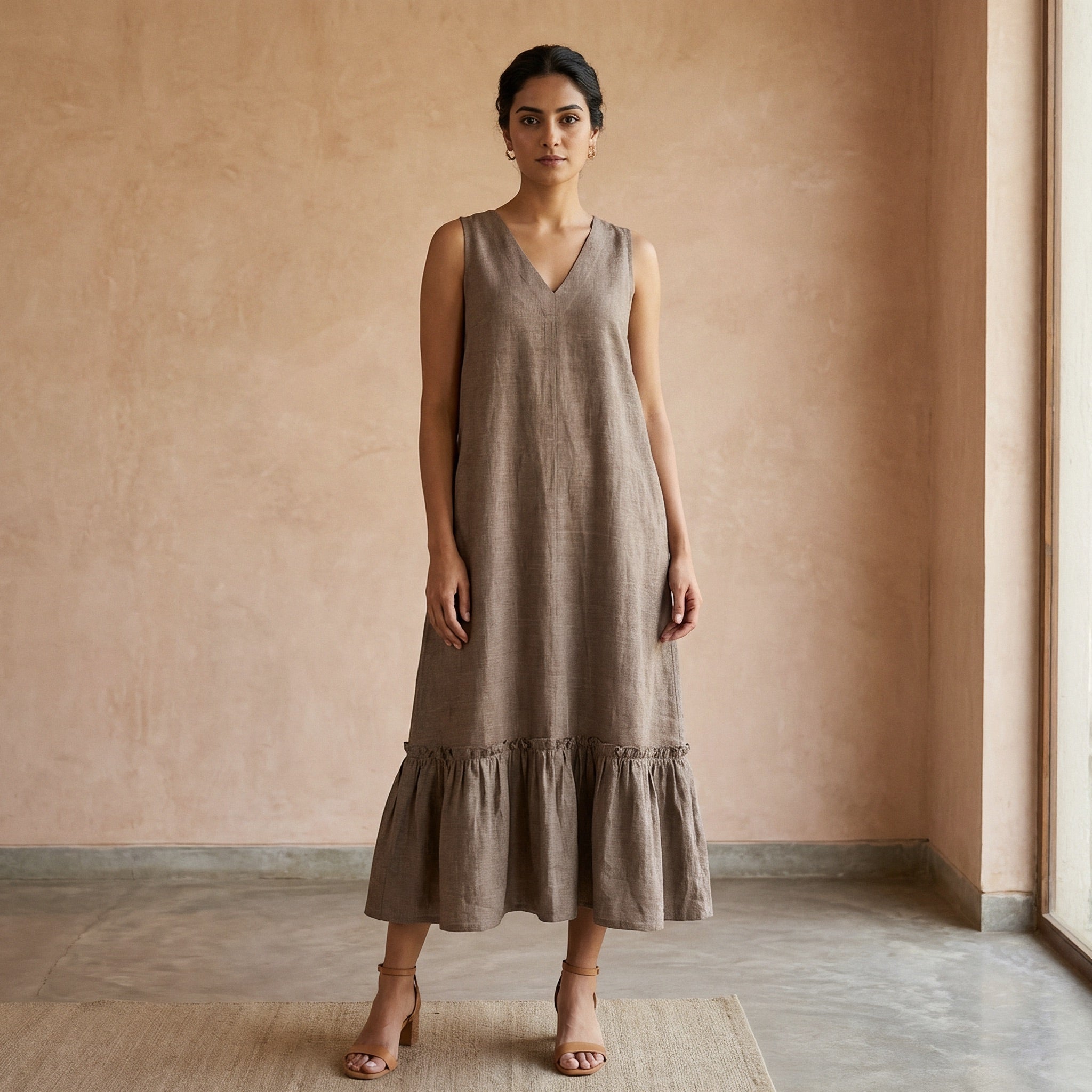 Beige Cotton Flax A-Line V-Neck Sleeveless Maxi Tier Dress