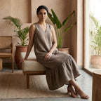 Beige Cotton Flax A-Line V-Neck Sleeveless Maxi Tier Dress