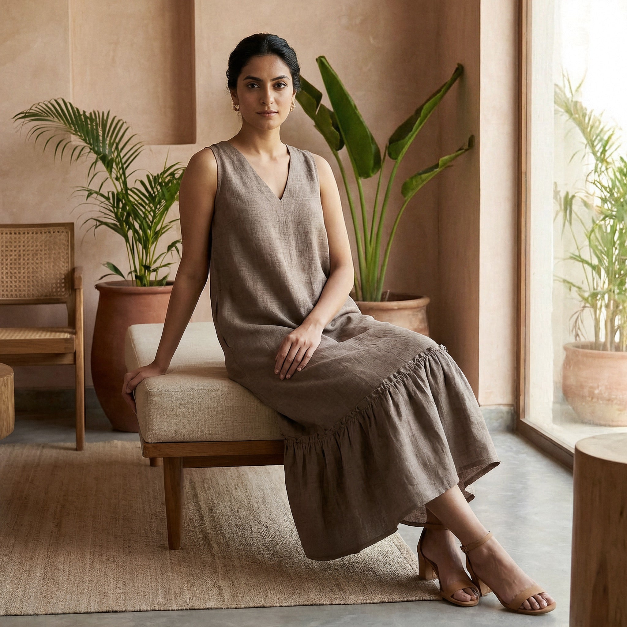 Beige Cotton Flax A-Line V-Neck Sleeveless Maxi Tier Dress