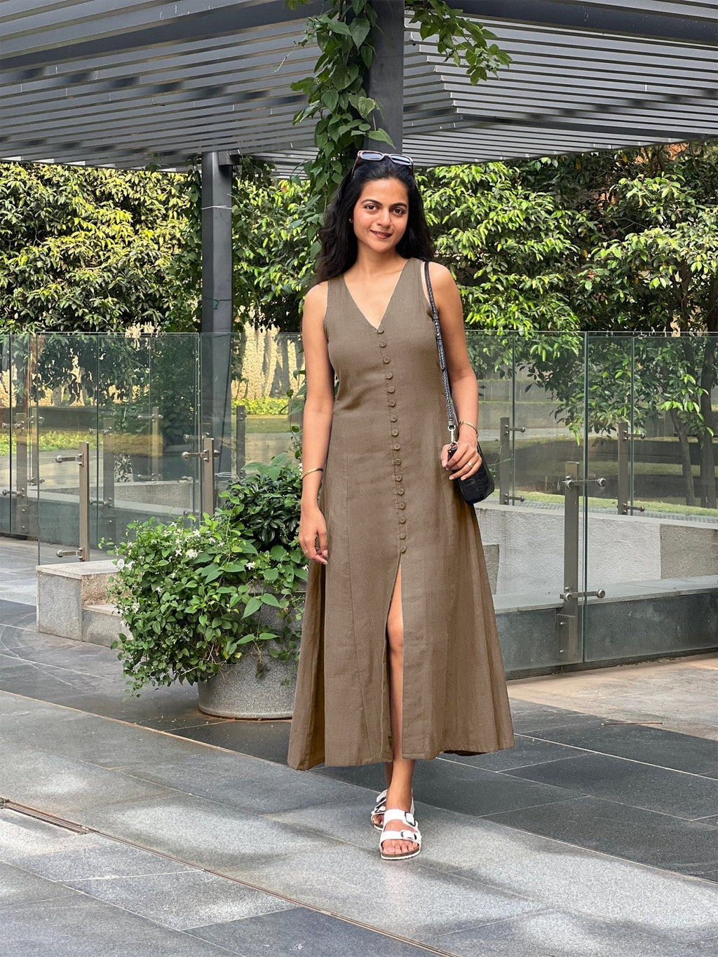 Beige Cotton Flax A-Line Front Slit Maxi Dress