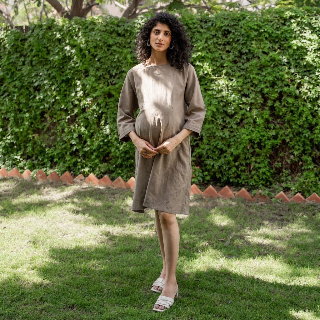 Beige Cotton Flax A-Line Knee Length Pre and Post Maternity Dress