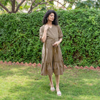 Beige Cotton Flax A-Line Knee Length Pre and Post Maternity Tier Dress