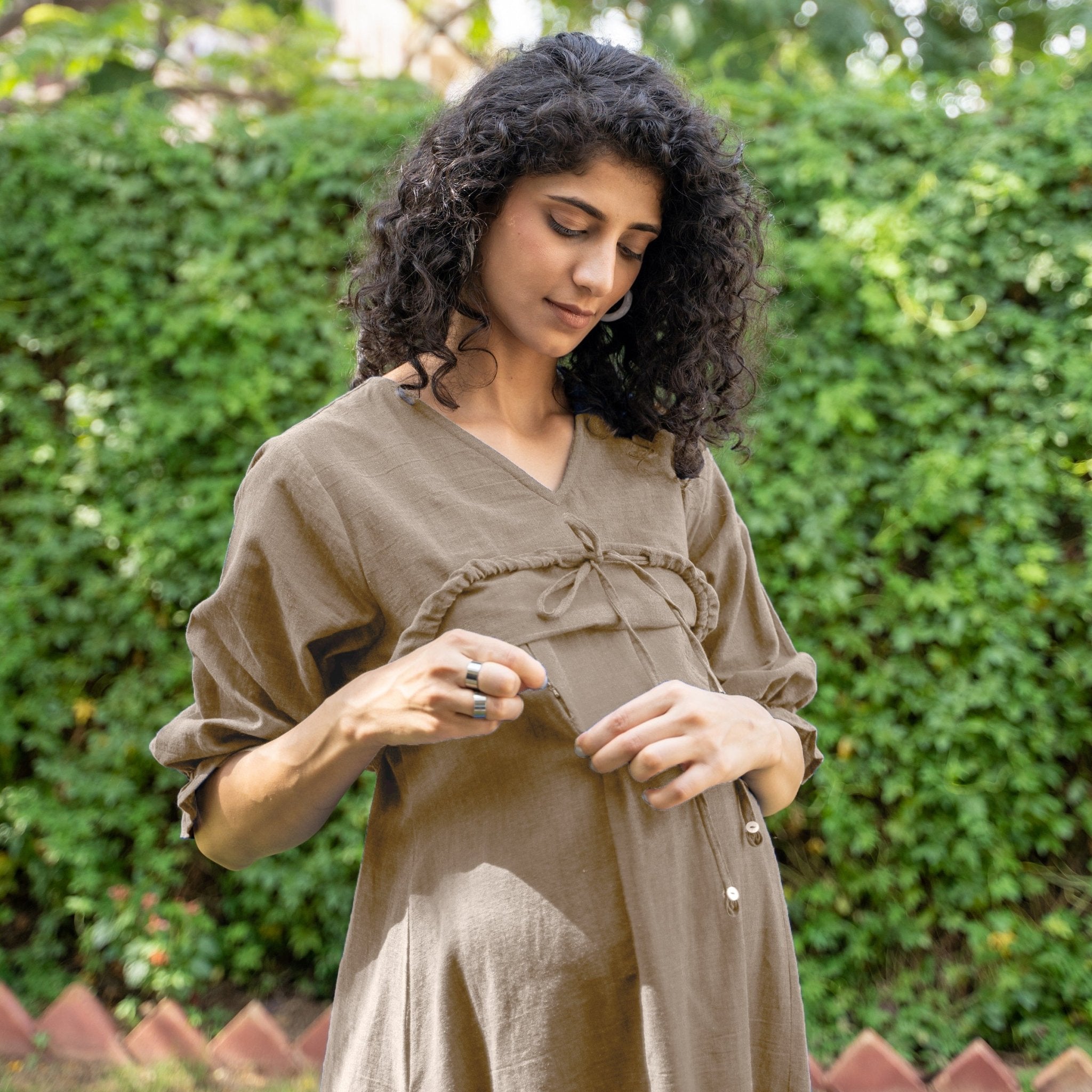 Beige Cotton Flax A-Line Knee Length Pre and Post Maternity Tier Dress