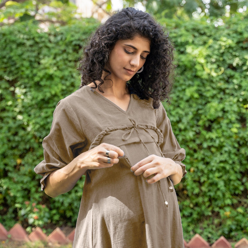Beige Cotton Flax A-Line Knee Length Pre and Post Maternity Tier Dress
