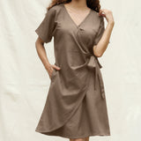 Beige Cotton Flax A-Line Knee Length Wrap Dress