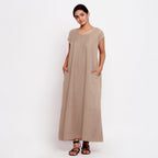 Front View of a Model wearing Beige Cotton Flax A-Line Paneled Dress