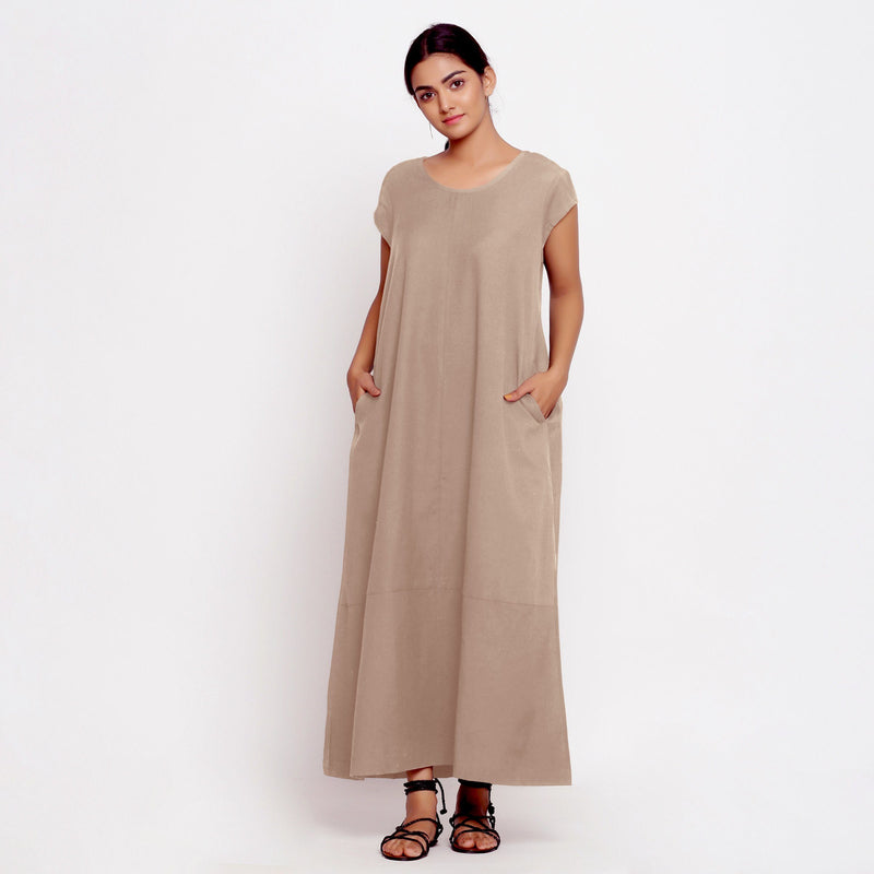 Front View of a Model wearing Beige Cotton Flax A-Line Paneled Dress