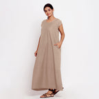 Front View of a Model wearing Beige Cotton Flax A-Line Paneled Dress