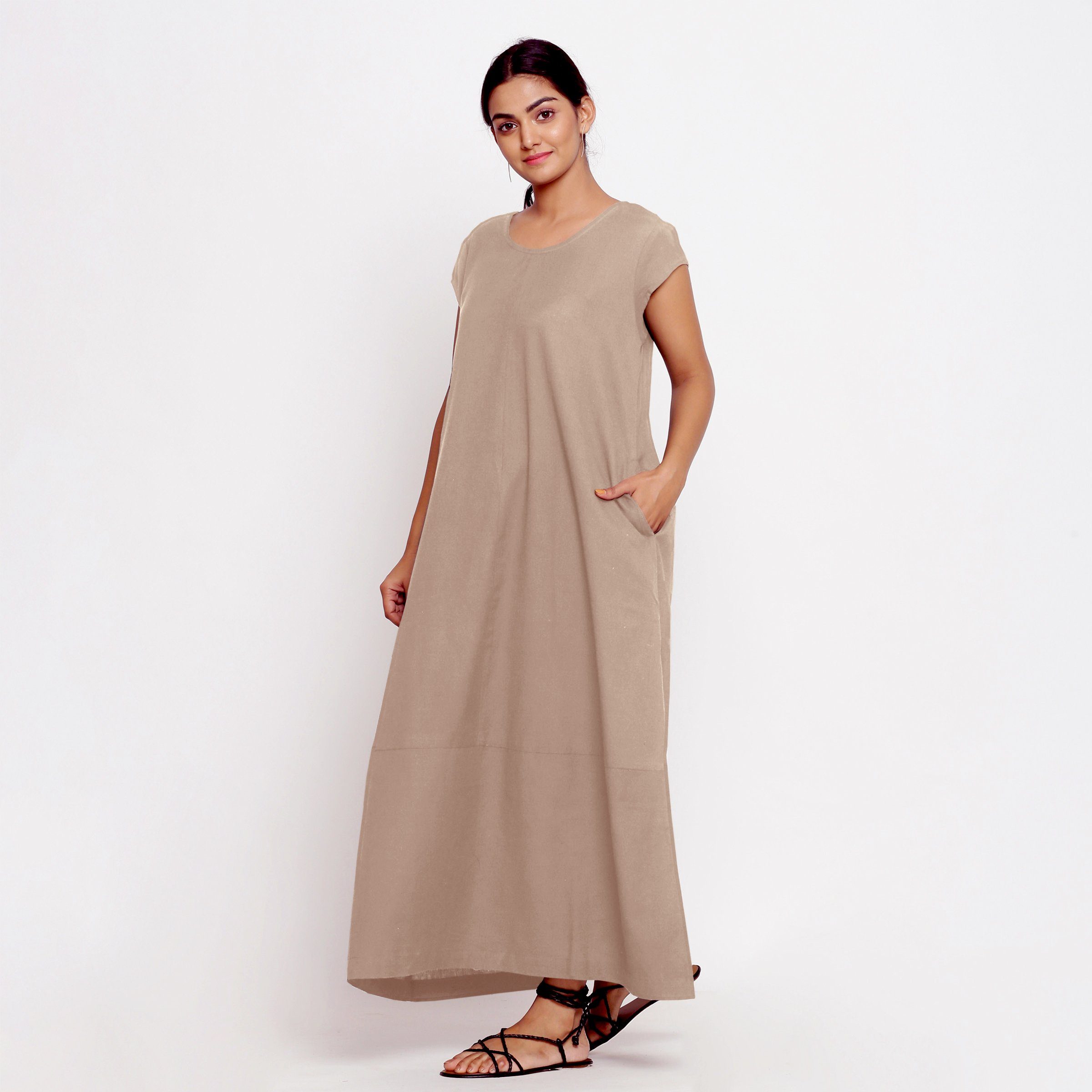 Front View of a Model wearing Beige Cotton Flax A-Line Paneled Dress