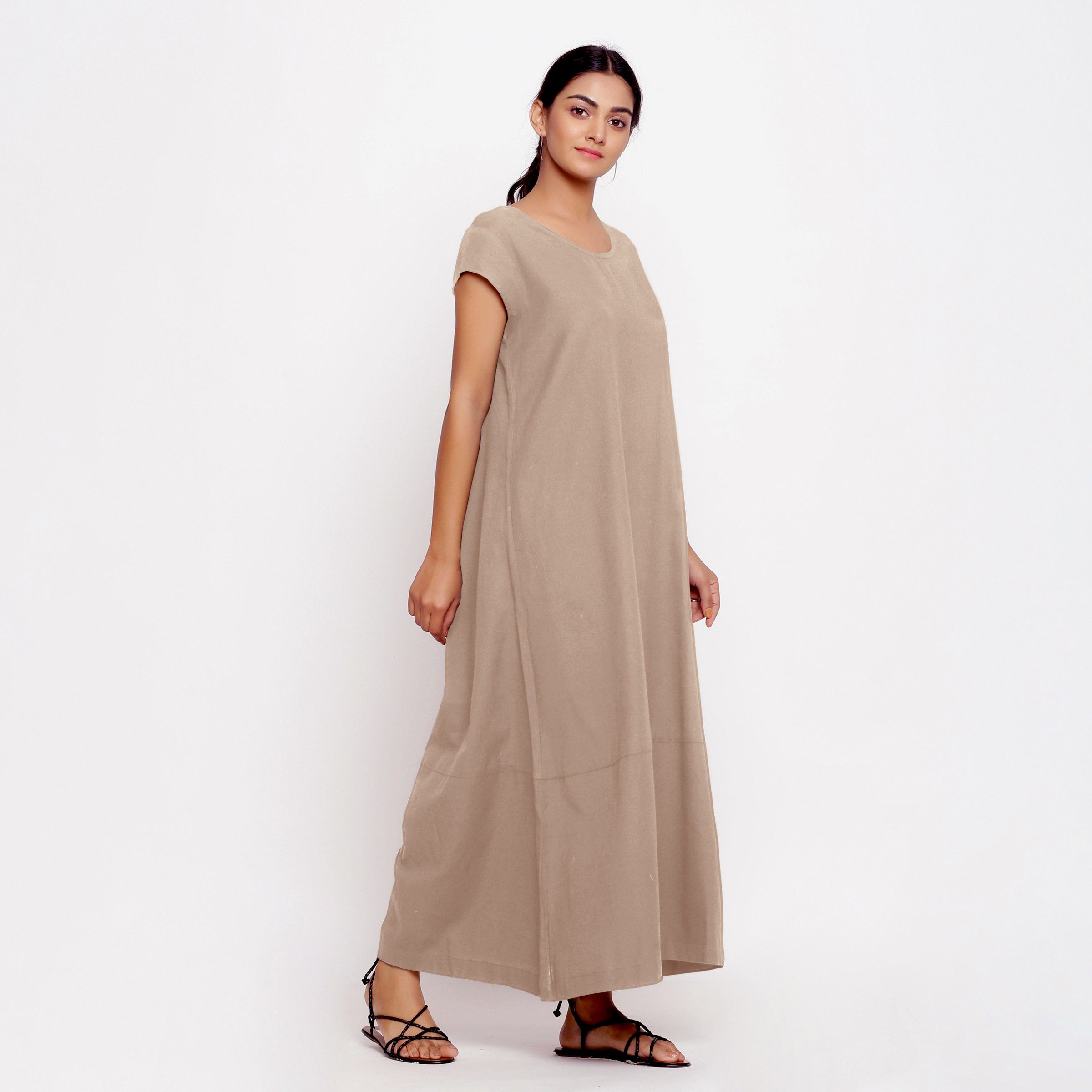 Right View of a Model wearing Beige Cotton Flax A-Line Paneled Dress