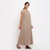 Right View of a Model wearing Beige Cotton Flax A-Line Paneled Dress