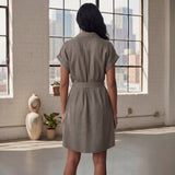 Beige Cotton Flax A-Line Short Dress with Belt
