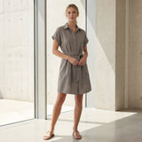 Beige Cotton Flax A-Line Short Dress with Belt