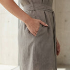 Beige Cotton Flax A-Line Short Dress with Belt