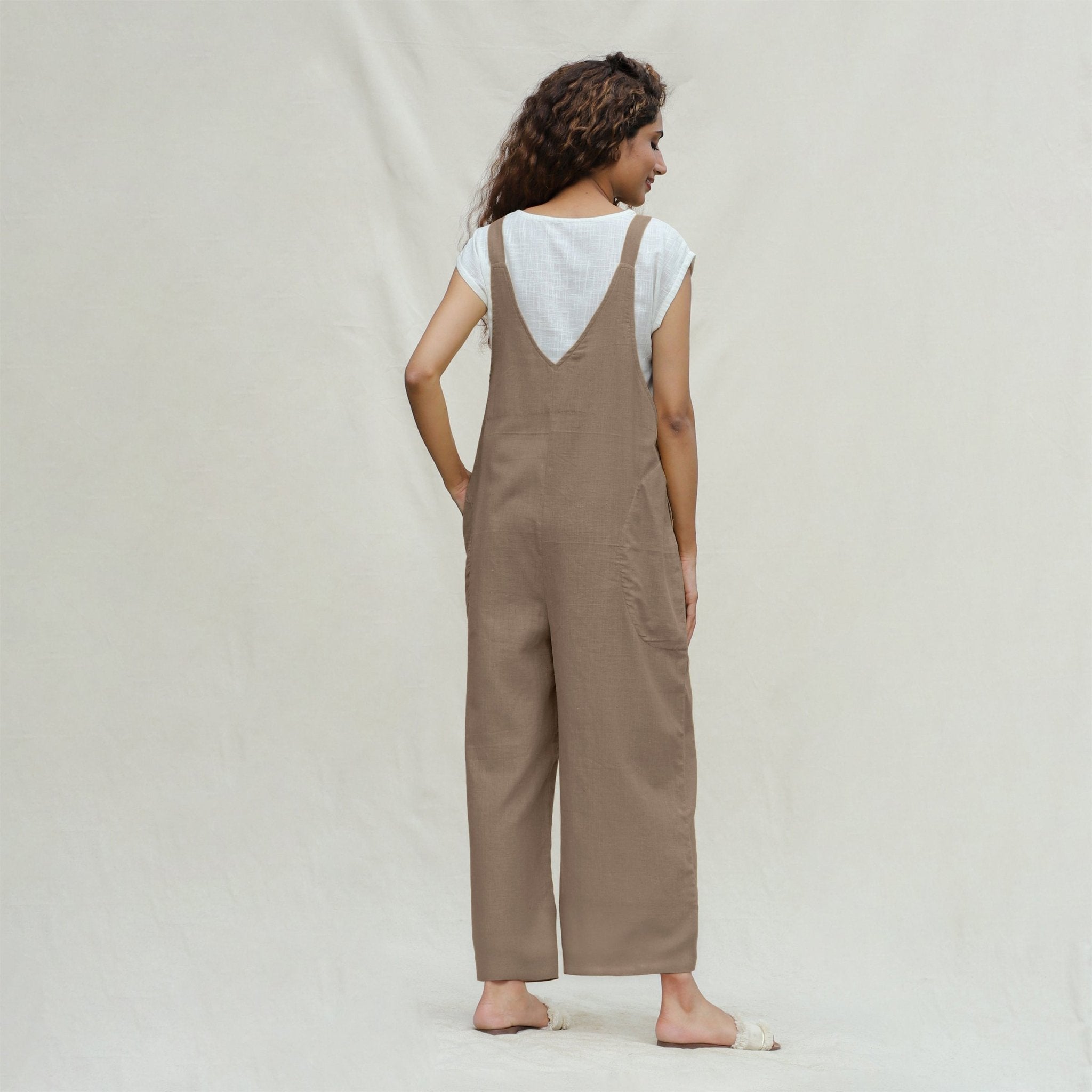 Beige Cotton Flax Ankle Length Dungaree Jumpsuit