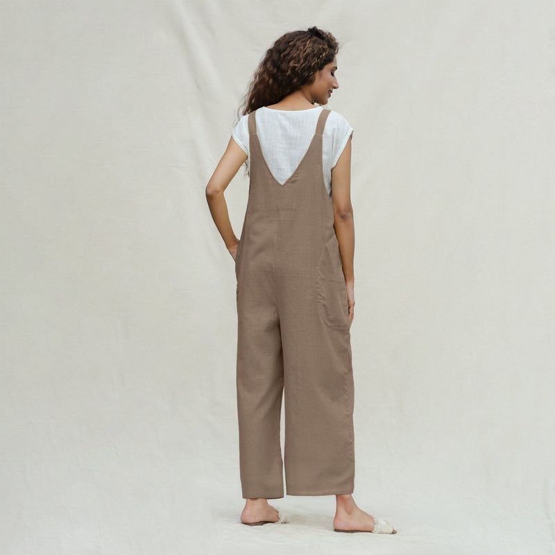 Beige Cotton Flax Ankle Length Dungaree Jumpsuit
