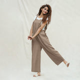 Beige Cotton Flax Ankle Length Dungaree Jumpsuit