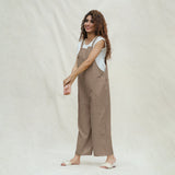 Beige Cotton Flax Ankle Length Dungaree Jumpsuit