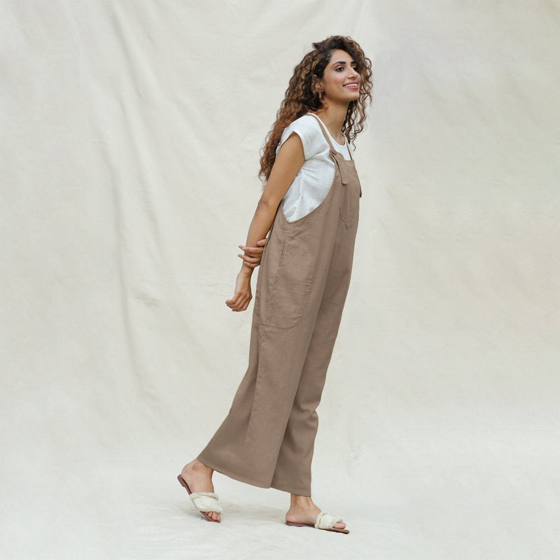 Beige Cotton Flax Ankle Length Dungaree Jumpsuit