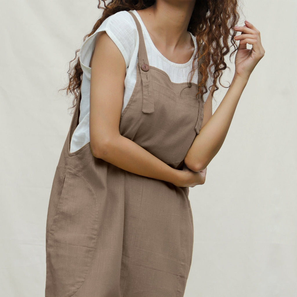Beige Cotton Flax Ankle Length Dungaree Jumpsuit