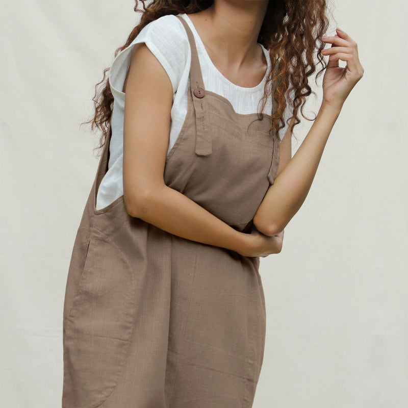 Beige Cotton Flax Ankle Length Dungaree Jumpsuit