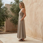 Beige Cotton Flax Ankle Length Flared Sundress