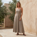 Beige Cotton Flax Ankle Length Flared Sundress