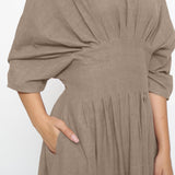 Beige Cotton Flax Ankle Length Pleated Flared Dress