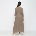 Beige Cotton Flax Ankle Length Pleated Flared Dress