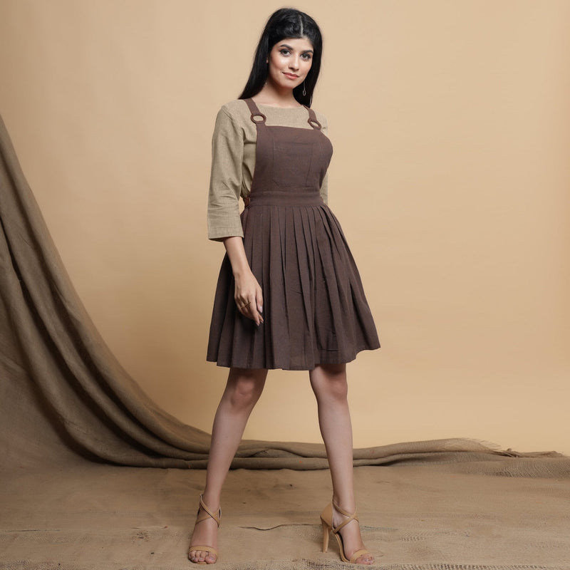 Beige Cotton Flax Box-Pleated High Low Top