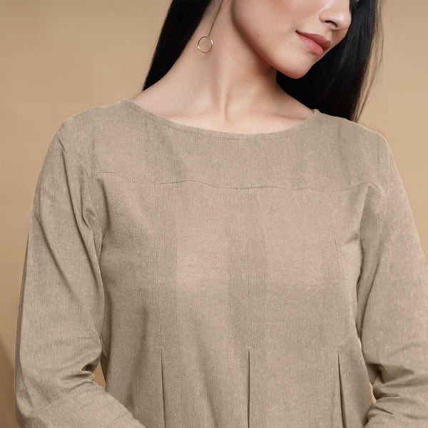 Beige Cotton Flax Box-Pleated High Low Top