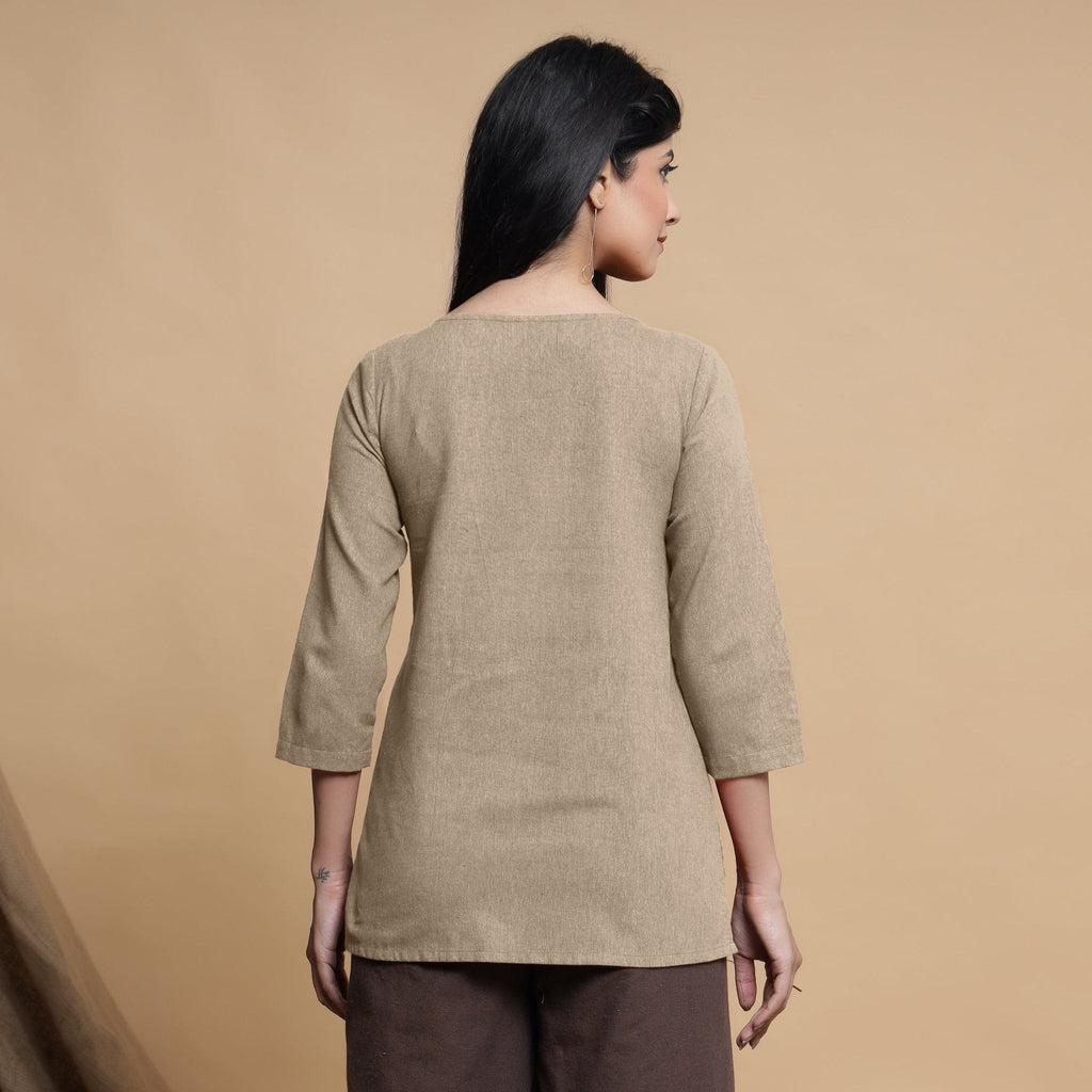 Beige Cotton Flax Box-Pleated High Low Top