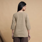 Beige Cotton Flax Box-Pleated High Low Top