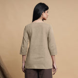 Beige Cotton Flax Box-Pleated High Low Top