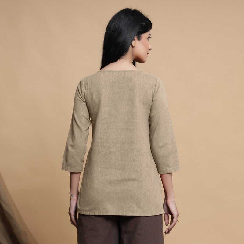 Beige Cotton Flax Box-Pleated High Low Top