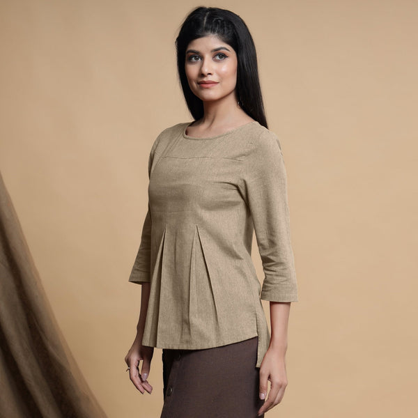Beige Cotton Flax Box-Pleated High Low Top
