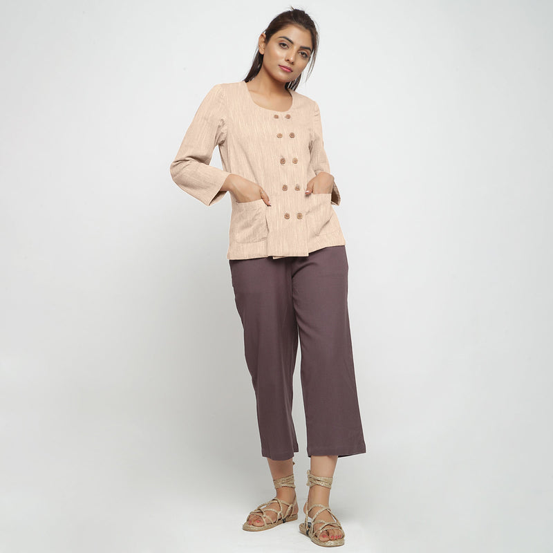 Front View of a Model wearing Beige Cotton Flax Button-Down Jacket