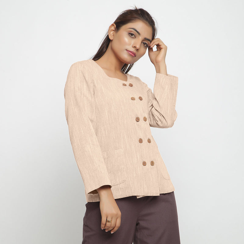 Right View of a Model wearing Beige Cotton Flax Button-Down Jacket