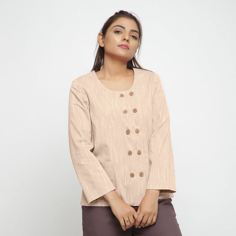 Front View of a Model wearing Beige Cotton Flax Button-Down Jacket