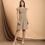 Beige Cotton Flax Pleated Cap Sleeves Short Dress