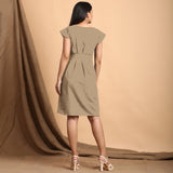 Beige Cotton Flax Pleated Cap Sleeves Short Dress