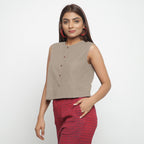 Left View of a Model wearing Beige Cotton Flax Button-Down Shirt