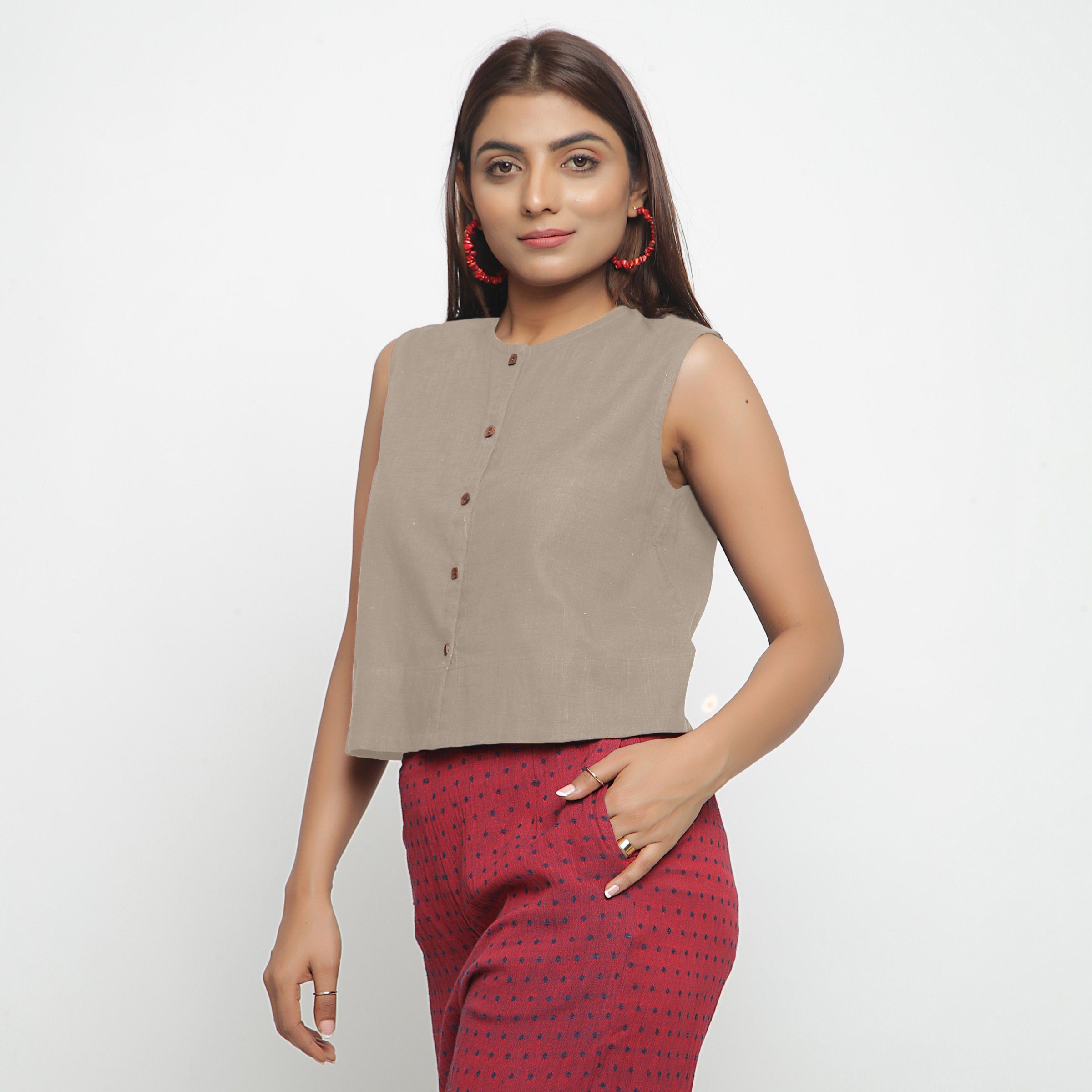 Left View of a Model wearing Beige Cotton Flax Button-Down Shirt