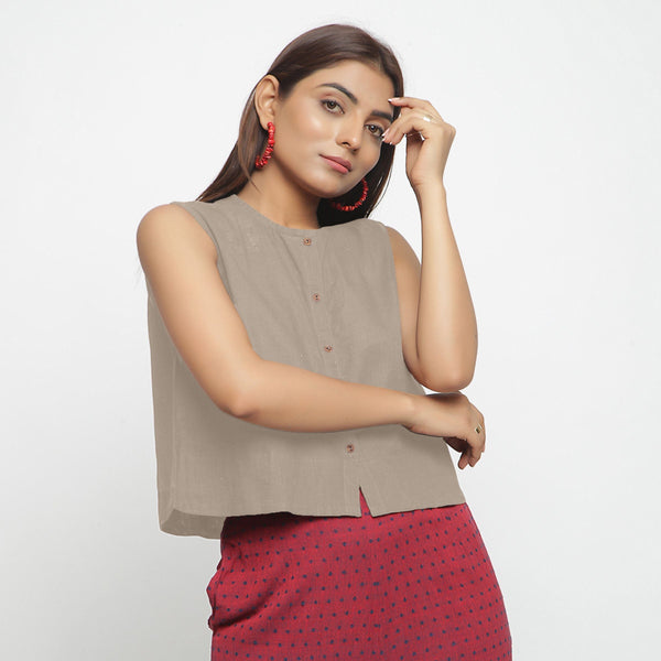 Front View of a Model wearing Beige Cotton Flax Button-Down Shirt