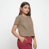 Beige Cotton Flax Button-Down Short Sleeves Shirt