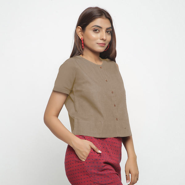 Beige Cotton Flax Button-Down Short Sleeves Shirt
