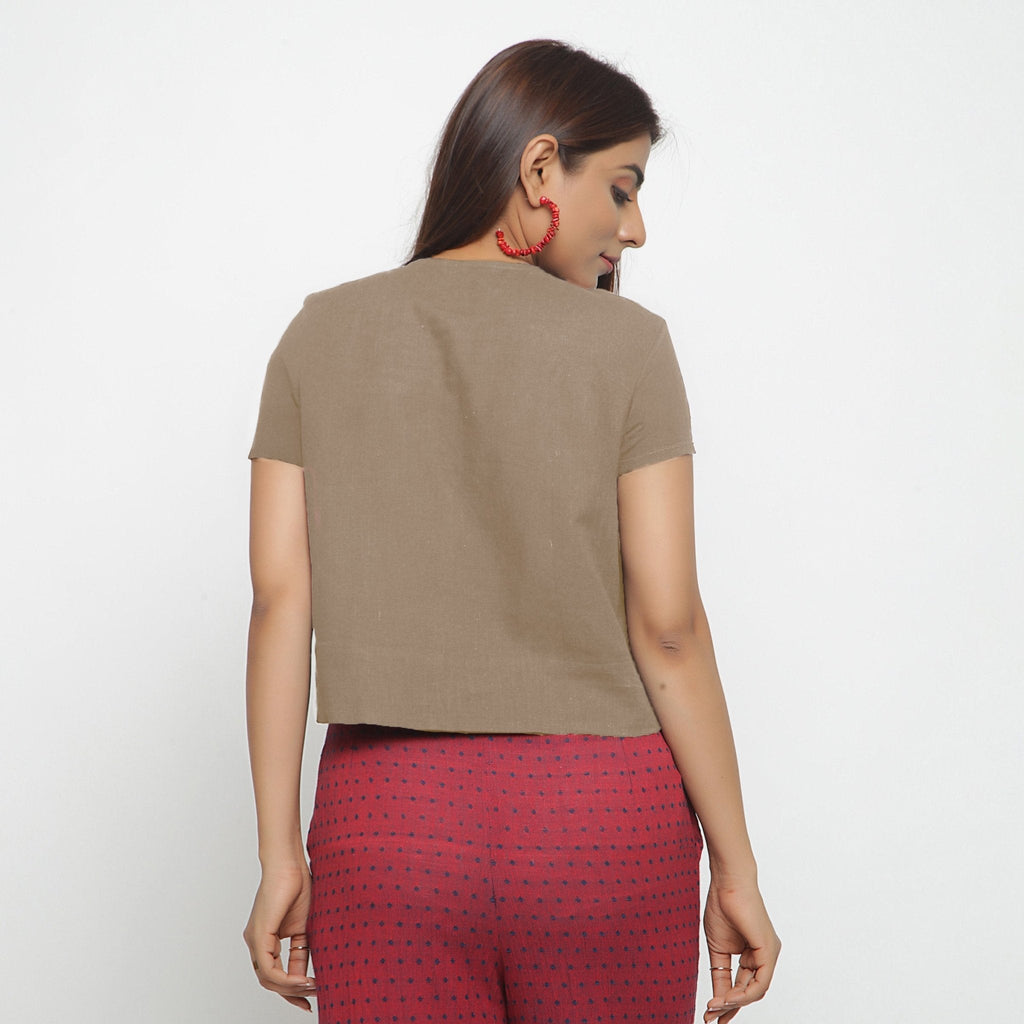 Beige Cotton Flax Button-Down Short Sleeves Shirt